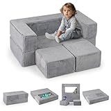 COSTWAY Modulares Kindersofa, Spielsofa aus Schaumstoff mit abnehmbarem Plüschbezug, Ausklappbares Modulsofa für Jungen & Mädchen, Kindersessel für Spielzimmer, Schlafzimmer, Kinderzimmer