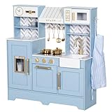 BRINJOY Spielen Sie Küche für Kinder, hölzerne Kinder Küche Spielset mit Backofen, Herd, Spüle, Schürze, Eismaschine, Kochgeschirr, Kinder Spielzeug Küche Set für Kleinkind Mädchen Jungen Alter 3+