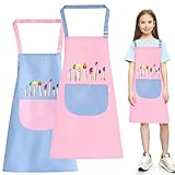 O-Kinee Malschürze Kinder, 2 Stück Kinder Schürzen Set mit Taschen, Wasserdicht Verstellbare Kleinkind Kochschürze Kinder Jungen Mädchen, für Basteln Malen Backen Kochen, Pink und Blau (7-13 Jahre)