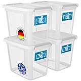 ATHLON TOOLS 4x 20L Aufbewahrungsboxen mit Deckel transparent – 100% Neumaterial - Stapelbare Plastik-Boxen – Lagerboxen – graue Verschlussclips – BPA Frei