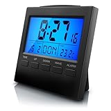 CSL - Reisewecker Funk digital - Funkwecker mit Temperaturanzeige - DCF Funkuhr - 3,3 Zoll LCD-Display mit Blauer LED Hintergrundbeleuchtung - Wecker mit Innen- Datums- und Wochentagsanzeig