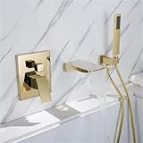 BiaoTeng Badewannenarmatur Wasserfall Unterputz Bad Armatur Badewanne mit Dusche 2 Funktionen Warm und Kalt Einhebelmischer Wannenarmatur Wand Gold