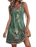 Hotouch Strandkleid Damen Ärmellos V-Ausschnitt Sommerkleid Blumen Leicht Knielang Kurz Kleid Boho Freizeitkleid mit Taschen Casual Lose Lässig Tank Kleid Grün L