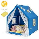 HOMASIS Kinderzelt für Indoor & Oudoor, Kinder Spielzelt mit Sternenlichtern & Matte & Fenster & Vorhang, Spielhaus Prinzessin für Jungen & Mädchen, Kinderspielhaus Tipi Zelt (Blau)