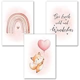 LAVEMA Bilder Kinderzimmer Mädchen | Babyzimmer Poster DIN A4 (21x30cm) Poster Set | Wanddeko Kinderzimmer Deko Fuchs Rosa Wandposter Kinderbilder Wandbilder Tiere skandinavisch | ohne Bilderrahmen