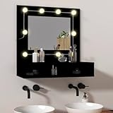 Hoopleep Black LED Mirror Cabinet for Bathroom, Vanity, or Bedroom, 60x31.5x62 cm, Modern Wood Composite Storage with USB Dimmable Warm to Cool White Lighting, Wall Mount or Tabletop