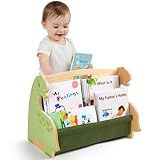 MHJY Bücherregal Kinder, doppelseitiges Holzregal mit robusten Canvas-Taschen, Montessori Stil, tragbar mit Griff, Kinderbuchregal für Kinderzimmer, Spielzimmer & Kindergarten, leicht & langlebig