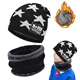 RCYHCY Kinder Wintermütze, Kinder Winter Warm Beanie Mütze und Mütze Loop Schal Set, für 5-15 Jahre Jungen Mädchen, Beanie Mütze und Schlauchschal Set mit Fleece Gefütterte, Geschenk Kinder