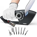 longzon Messerschärfer, 5-in-1 Stufen Einstellbarer Knopf Manuelle Messerschleifer mit Anti-Schneidhandschuhe, Küchenmesserschärfer, funktioniert wirklich für Stahl und Wellenschliffmesser