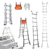 Hooha 5M Alu-Multifunktionsleiter mit Werkzeugtasche & Handschuhen Schiebeleiter 4x5 Mehrzweckleiter Rostfrei Belastbar 150kg Klappleiter Beidseitige Steh &Treppenleiter für Den Innen & Außenbereich