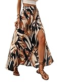 GORGLITTER Damen Rock Sommer Bedruckter Maxirock Böhmisch Sommerrock A Linie Langer Röcke mit Schlitz Hohe Taille Urlaubrock Elegant Freizeitrock Braun L
