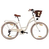 Goetze Mood 26 Zoll Jugendfahrrad, 17 Zoll Tiefeinsteiger Stahlrahmen, 6-Gang Kettenschaltung, doppelte V-Bremsen, LED-Beleuchtung, Rattankorb, Komfortsattel, mit Seitenständer & Klingel