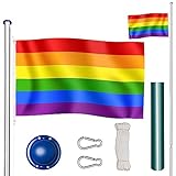 tectake Fahnenmast aus Aluminium, Teleskop Fahnenstange Set mit Flagge, Bodenhülsen, Seilzug, höhenverstellbar bis zu 6,50 m - ideal für Balkon, Garten, Festival und Camping - Regenbogen