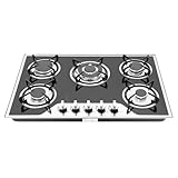 TFGXUE Gaskocher 5-Flammig, Erdgas-Kochfeld mit Flüssiggasdüse, Beschichtete Glasscheibe, 180° Feuerkontrolle, Elektronische Impulszündung, Gas Kochfeld, Al-Legierung Brenner