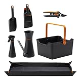 Fiskars Gartenwerkzeuge-Set, 7-teilig, Floristenschere SP14, Pflanzschaufel mit Bürste, Handschaufel, Pflanzmatte, Aufbewahrungsbox, 0,3-l-Pflanzensprüher, 1,2-l-Gießkanne mit Deckel, 1076797
