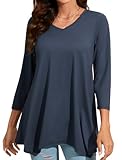 Enmain Damen Blaue Tunika V Ausschnitt Langarm 3/4 Ärmel Longbluse Einfarbige Lange Oberteile Für Frauen Große Größen Shirt Tuniken,Blau,3XL