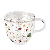 Ambiente Teetasse Tasse für Heissgetränke Botosilikatglas doppelwandig 0,2L Serie ornaments all over red Weihnachtssymbole kleine Weihnachten Motive