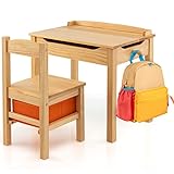 COSTWAY Kindertisch mit Stuhl, Kindersitzgruppe aus Massivholz mit klappbarer Tischplatte & Stauraum, Kinder Tisch Stuhl Set mit Stoffbox & Haken für Kinder ab 3 Jahren (Natur)