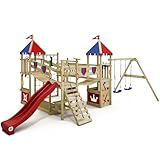 WICKEY Spielturm Ritterburg Smart Queen mit Schaukel, rot-Blauer Plane & roter Rutsche, Outdoor Kinder Kletterturm mit Sandkasten, Leiter & Spiel-Zubehör für den Garten