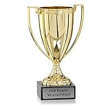 Deitert Pokal mit Henkel inkl. Gravur nach Wunsch - Gold - 14cm hoch - Wanderpokal auf Marmorsockel FS106