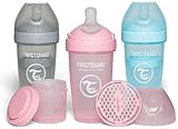 Twistshake 3x Pro Double Anti-Kolik Babyflasche mit Milchpulverbehälter - 260 ml | Silikon-Brustwarze mit Mittlerem Durchfluss | BPA-Freie Babymilchflasche | Geeignet für Babys ab 2m | Rosa Grau Blau