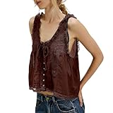 Ärmelloses Spitzen-Tanktop für Damen, Urlaub, vorn zum Binden, Netzstoff, Chiffon, Größe 2, Größe S, braun, L