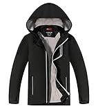 YOUNGSOUL Kinder Softshelljacke Gefütterte Regenjacke Jungen Mädchen Übergangsjacke Wasserdichte Outdoorjacke mit Abnehmbarer Kapuze,Schwarz, DE: 134-140 (Herstellergröße 140)