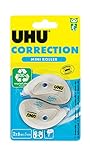 UHU Correction Roller Mini, Handliche Korrekturroller zum schnellen, sauberen und zeilengenauen Korrigieren von Texten, weiß deckend, 6 m x 5 mm