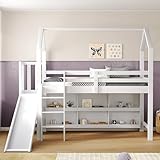 Kinderbett Hochbett 90 * 200 cm mit Rutsche, Multifunktionales Kinder Bett mit Treppen und Schließfach Regal, Baumhaus Einzelbett mit Stauraum, Massivholz+MDF, Weiß