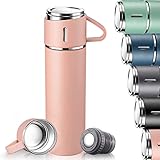 Thermosflasche 500ml mit Becher, Thermoskanne Kaffee Hält 12 Stunden Heiß und Kalt, Edelstahl Termosflaschen BPA frei, Auslaufsicher Isolierflasche mit Deckel & Griff,für Arbeit, Schule, Kinder, Rosa