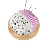 florales Vintage Nadelkissen mit hellem Holzteller (Ø 7 cm), kariert und geblümt, in rosa