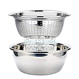 Seiher Edelstahl Sieb und Rührschüssel Set Küchensieb Nudelsieb Reis Waschschüssel Salat-Sieb Schüsselset Stapelbar Salatschüsseln Set, 26cm