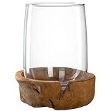 Leonardo Terra Windlicht mit Teakholz Sockel, handgefertigter Kerzenhalter, Teelicht Vase aus Klarglas, Höhe 27 cm, Durchmesser 23 cm, 084409