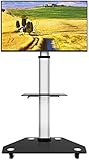 TV-Ständer, Standfuß, TV-Wagen aus Glas für 30/49/55/65/70/75/80 Zoll LCD-, LED- und Plasma-Flachbildschirme | Mobiler Trolley-Bodenständer mit Feststellrädern, mit 2 Ablagefächern