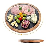 HALE OTEIR 360° Drehbare Akazienholz Servierplatte mit Schieferplatte | Rustikale Käseplatte, Steakbrett, Grillplatte & Sushi-Brett | Ideal für Fleisch, Käse, Tapas & Grillabende