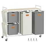 VASAGLE Wäschekorb 4 Fächer, Wäschesammler 150 L, Wäschesortierer, Rollen, Wäschewagen mit Ablage, Wäschesack, kleine seitliche Taschen, 6 Etiketten, naturbeige-taubengrau-cremeweiß BLH203G01