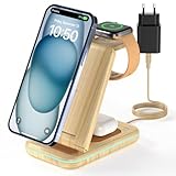 JoyGeek 3 in 1 Kabelloses Ladegerät, Faltbar Wireless Charger für i Phone 16/15/14/13/12/11/X, Induktive Handy Ladestation für iWatch 10/9/Ultra/SE/8/7/6/5/4, für AirPods 4/2/3/Pro,Bamboo
