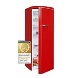 Exquisit Retrokühlschrank RKS325-V-H-160F rot, 229 L Volumen, Kühlschrank Retro freistehend, Abtau-Automatik, Tür- & Glasablagen, LED-Licht