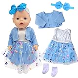 Babypuppenkleidung für 14-18 Zoll Babypuppen, 4 Stück Süßes Puppenkleidung 35-43cm Outfit mit Blauem Mantel + Schleife Gazerock + Schmetterlingsschleife Stirnband + Socken, Neue Puppenkleidung Zubehör