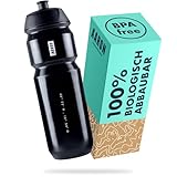 AARON ECO Trinkflasche 100% biologisch abbaubar, 750 ml, leicht und auslaufsicher, praktische BPA-freie Wasserflasche für Sport, Fitness, Wandern, Outdoor in schwarz
