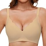 GXOULRRA V Ausschnitt BH Damen ohne Bügel Softschalen Bustier High Elastizität BHS Tshirt Bügelloser mit zusätzlicher Verlängerung Beige XXL