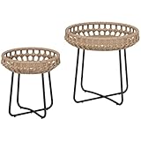 Outsunny 2er Set Beistelltisch Polyrattan Ø60/41 cm rund wetterfest Gartentisch mit X-Beine Verstellbare Fußpads Outdoor Balkontisch Couchtisch Gartenmöbel für Garten, Balkon Braun
