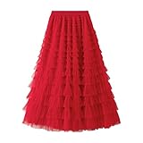 Damen A-Linie Plissee Langer Tutu Rock Rüschen Mesh Chiffon Hohe Taille Elegant Wadenlang fließender Rock für Freizeitkleidung, rot, M