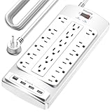 Überspannungsschutz-Steckdosenleiste mit 18 Steckdosen – 6,8 m Flachstecker, robustes Verlängerungskabel mit 18 breiten Steckdosen und 4 USB-Anschlüssen, 2100 Joule, weiß, ETL-gelistet