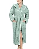 LAYNENBURG Bademantel Damen Frottee - Kapuze - Lang - 100% Baumwolle (360g/m2) - OEKO TEX Standard 100 - Größe (XL, Eukalyptus)