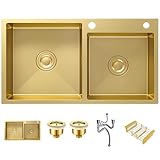 Gold Doppelbecken Küchenspüle, 80 cm × 44 cm, Edelstahl, Nanobeschichtung, Doppelwaschbecken, Drop-In Unterbau, mit goldenem Abflusssieb