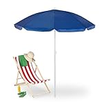 Relaxdays Sonnenschirm, Ø 160 cm, knickbar, höhenverstellbar, UV-Schutz, Strandschirm mit Tasche, Strand & Balkon, blau