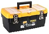 Perel Werkzeugkoffer Kunststoff leer, Werkzeugkasten leer, Werkzeugbox, Werkzeug Organizer Box, Tool Box, 3 Organizer im Deckel, 2 x Metallverschluss, schwarz/gelb, 413 x 212 x 186 mm