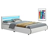 Juskys Polsterbett Sevilla 140x200 cm mit LED Beleuchtung, Lattenrost & Kopfteil - Holz & Kunstleder - 16 Farbeinstellungen & Fernbedienung - Bett Jugendbett Einzelbett - Weiß