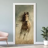 Pferd 3D-Türaufkleber, Galoppierende Pferd Türposter Selbstklebend, Wilde Tier Vinyl Abnehmbar Türfolie Türtapete, für Schlafzimmer Badezimmer Deko, 88x200 cm E0a105
